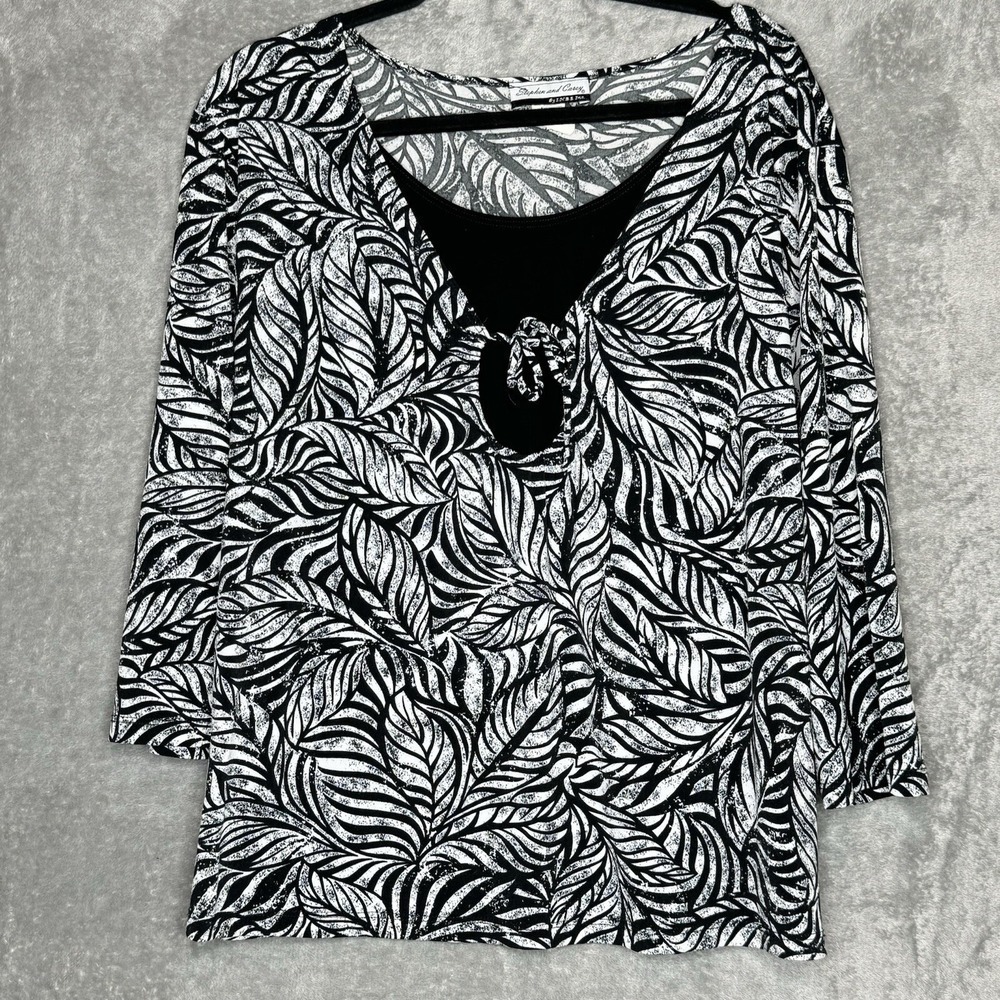 Stephen and Casey 2X Shirt Top Black Floral 3/4 Sleeve Scoop Neck Stretch Womens